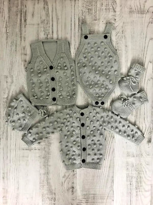 #ad 5pcs Hand Knit Baby Clothes Set CardiganVestOverallsHatBooties %100 Cotton