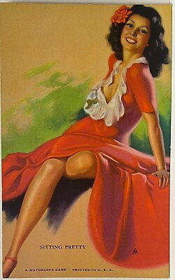 Mutoscope Pin Up Card “SITTING PRETTY” Beautiful Brunette Red Dress Earl Moran
