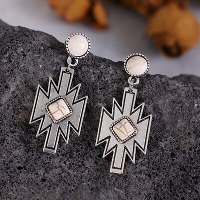 #ad Boho Ethnic Geometric Rhombus White Turquoise Earrings Boho Women Jewelry Gifts