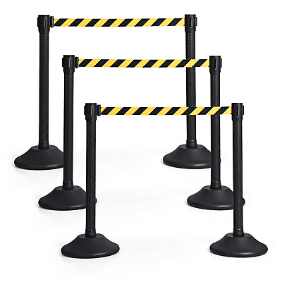 #ad 6Pcs Stanchion Post Crowd Control Barriers Queue Pole w Retractable Belt Yellow