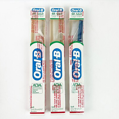 #ad THREE New Vintage Oral B 60 Adult Soft End Bristles Blue White Toothbrush USA