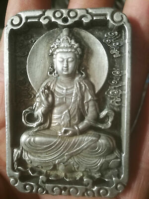 #ad Asian fengshui old Carved Tibet silver Amulet Pendant Guanyin