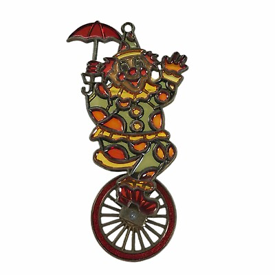 #ad Vintage Stained Glass Suncatcher Hanging Ornament Clown Unicycle Wheel Spins 7quot;H