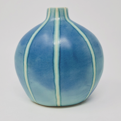 #ad Turquoise Ceramic Weed Pot Vase Blue Oval Stripe Bud Matte 6.5quot;