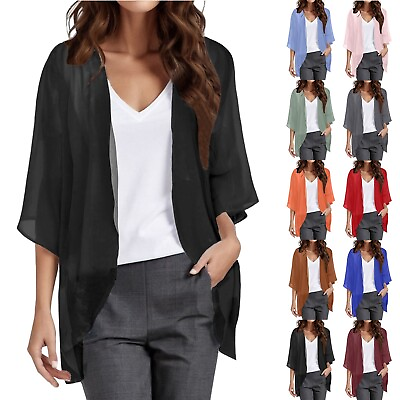 #ad Women#x27;s Solid Color Puff Sleeve Kimono Cardigan Loose Cover Up Casual Blouse Top