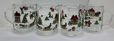 Luminarc The Joy Of Christmas 4 Glass Mugs With Handle Santa Sleigh With Kids