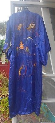 #ad Antique Authentic Royal Blue Kimono Robe Embroidered Golden Dragon Chinese