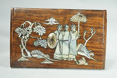1930 Antique Mother of Pearl Inlay Wood Pocket Cigarette Case Tobacco Box Geisha