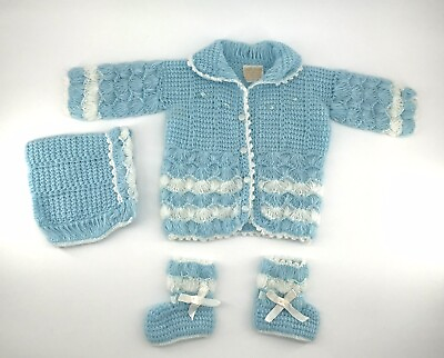 #ad Vintage Hand Knit Baby Sweater Set Bonnet amp; Booties Blue Acrylic 3 6 Mos Korea