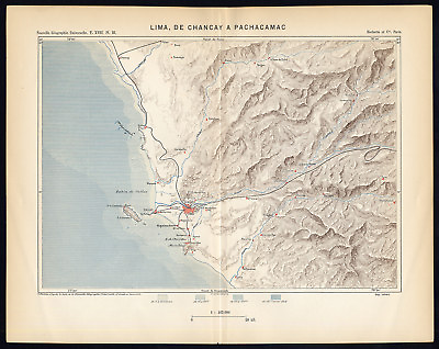 #ad Antique Map SOUTH AMERICA PERU LIMA CHANCAY PACHACAMAC Reclus Perron 1895