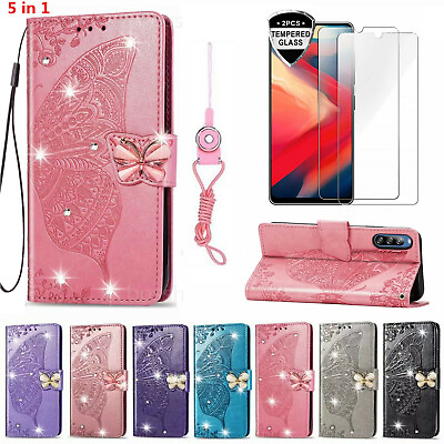 #ad Bling Butterfly Wallet Phone Case amp; 2 Glass Screen Protector Film amp; 2 Straps G