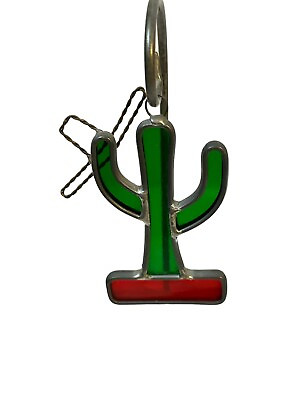 #ad Vintage Stained Glass Suncatcher Decor Cactus With Cowboy Hat 4.5”