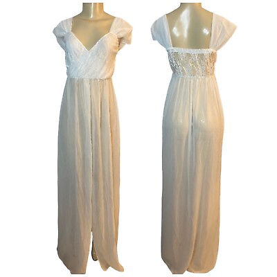 #ad Vintage 70s White Lace Maxi Wedding Slip dress With Trail Size S M