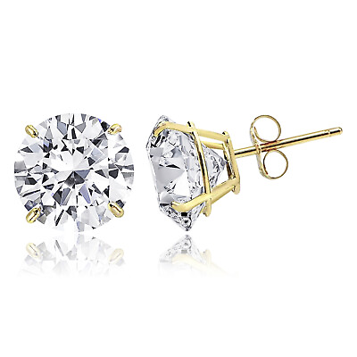 14K Solid Gold Round Solitaire Cut Cubic Zirconia Basket Push Back Stud Earrings