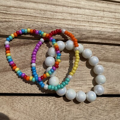 #ad Set of 3 Bracelets Set Colorful Preppy Beaded Stretch Jewelry Children#x27;s size 6quot;
