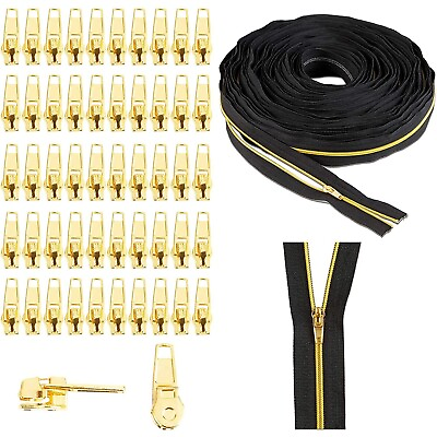 25 Yards Bulk Black Nylon Coil #3 Zipper Tape with 50 Metal Gold Zipper Slides
