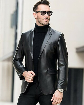 Men#x27;s Genuine Lambskin Leather Blazer Jacket Two Button Black Slim fit Coat