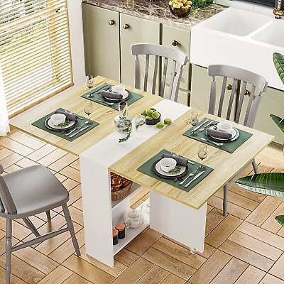 Folding Dining Table with 2 Storage Rack Versatile Dinner Table 6 Wheels