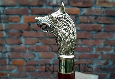 Handmade Wolf Brass Head Handle for Walking Stick Solid Vintage Cane ONLY HANDLE