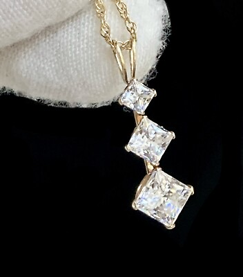 #ad 14k Yellow Gold 3 Stone Journey Pendant Princess Cut Chain 18” Necklace Ladies