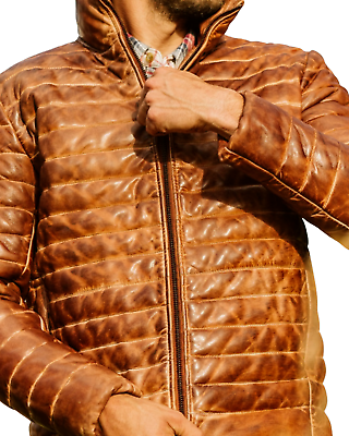 Leather Jacket Genuine Sheepskin Leather puffer down Jacket brown leather TLP JF