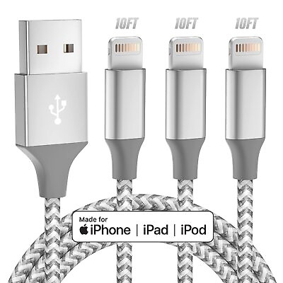 3 PACK 10 FT USB Lightning Data Fast Charger Cable For Apple iPhone amp; AirPods