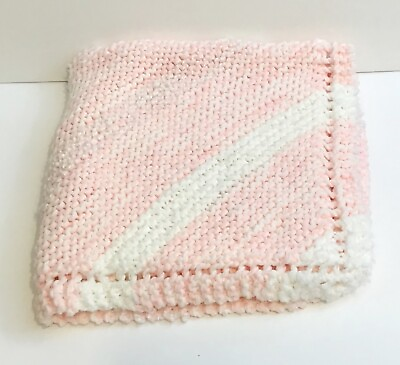 #ad Thick Hand Knit Baby Afghan Pink White Winter Blanket Soft Handmade Girl