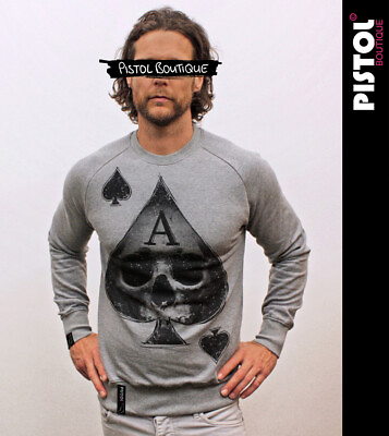 #ad Pistol Boutique Men#x27;s Grey SKULL ACE SPADES CARD Casual Sweatshirt Jumper SALE