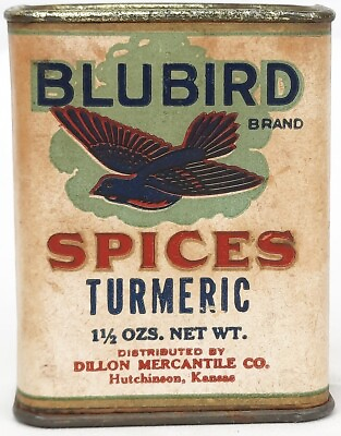 BLUEBIRD SPICE Tin TUMERIC ks can OLD WEST antique KANSAS vtg drug GROCERY STORE