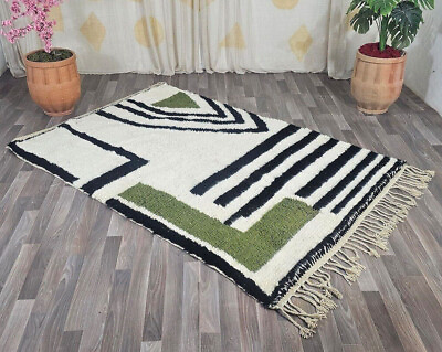 #ad Rug Moroccan Green Handmade Berber Abstract Black White Wool Beni Ourain Carpet