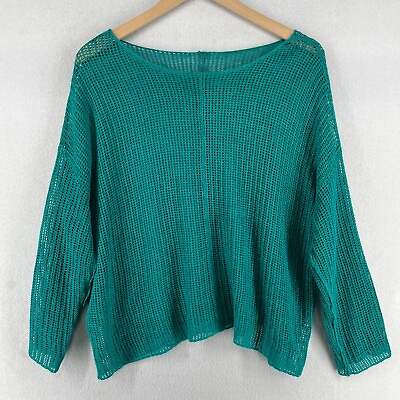 #ad EILEEN FISHER Sweater M Organic Linen Open Crochet Long Sleeve Pullover Green