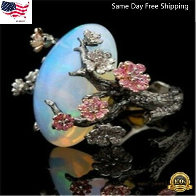#ad Fashion 925 Silver Plated Woman White Fire Opal Ring Wedding Jewelry Simulated