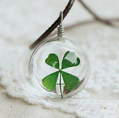 #ad Round Real Green Lucky Shamrock Four Leaf Clover Pendant Necklace Friends Gift