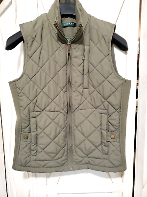 Polo Ralph Lauren Quilted Vest Jacket Army Green Leather pulls Size XS