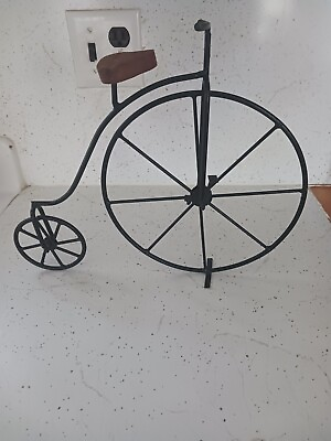 #ad Metal Wire Rod Iron Sculpture High Wheel Bicycle quot;Penny Farthingquot; Wood seat