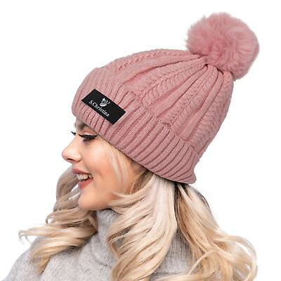 #ad Winter Hats for Women Fleece Lined Beanie Faux Fur Pom Pom Warm Knit Skull Cap