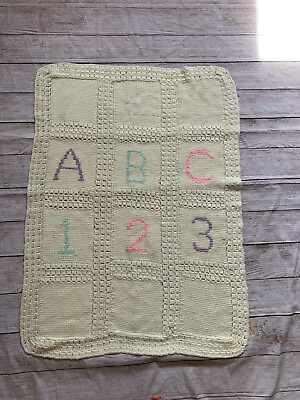 #ad Handmade ABC 123 Yellow Knit Baby Blanket