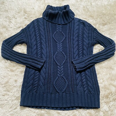 Athleta Sweater Women S Blue Navy Cable Knit Turtleneck Merino Extra Fine Wool