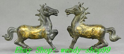 #ad 11quot; Old Chinese Bronze Gilt 12 Zodiac Dragon Phoenix Tang Horse Statue Pair