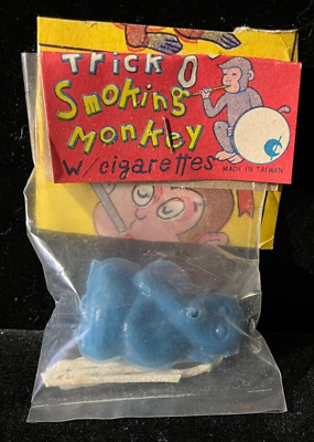 #ad 1960s Vintage Dime Store Toy BLUE Smoking Monkey cigarette blows smoke rings