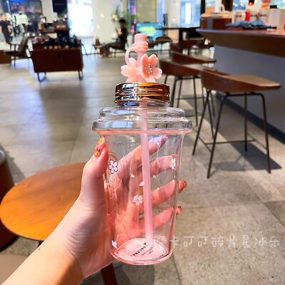 #ad 2022 Starbucks Gradient Glass Straw Cup Double Side Stopper Pink Sakura Tumbler
