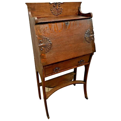 #ad Antique Secretary Desk Solid Oak Locking Door with Key Bottom Drawer Book Shelf