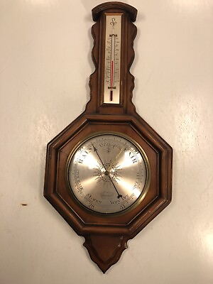 #ad Jeweled wall barometer Weather Station Solid Mahogany U.S.A. Vintage