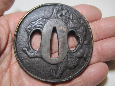 #ad Tsuba Japanese Sword Guard Pine Tree Lion Engraved Iron Antique for Katana