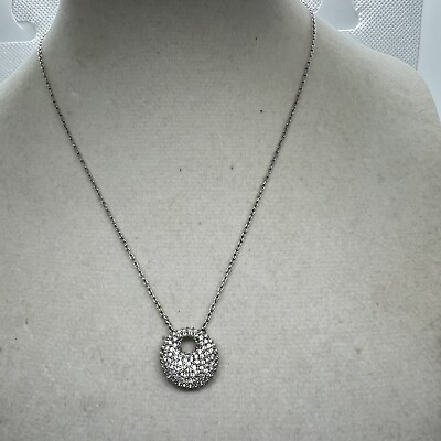 #ad Swarovski Stone Small Pave Crystal Pendant Necklace Rhodium Plated 14”