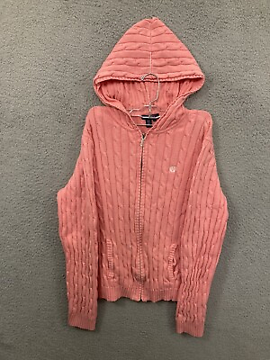 Chaps Sweater Womens XL Pink Cable Knit Hoodie Hooded Full Zip Sweatshirt Cotton