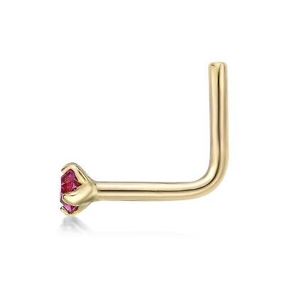 #ad 20 Gauge Pink Swarovski L Shape Nose Stud Ring for Women in 14K Yellow Gold 2mm