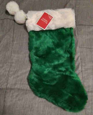 #ad Christmas Stocking Holiday Full Plush Green and White 17quot; w Tassels NOS