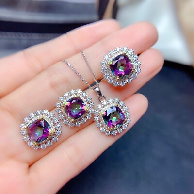 #ad Fashion 925 Silver Natural Colorful Crystal Necklace Ring Earrings Set