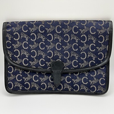 #ad Celine Clutch Bag C Macadam Canvas Carriage Pattern Navy from JAPAN